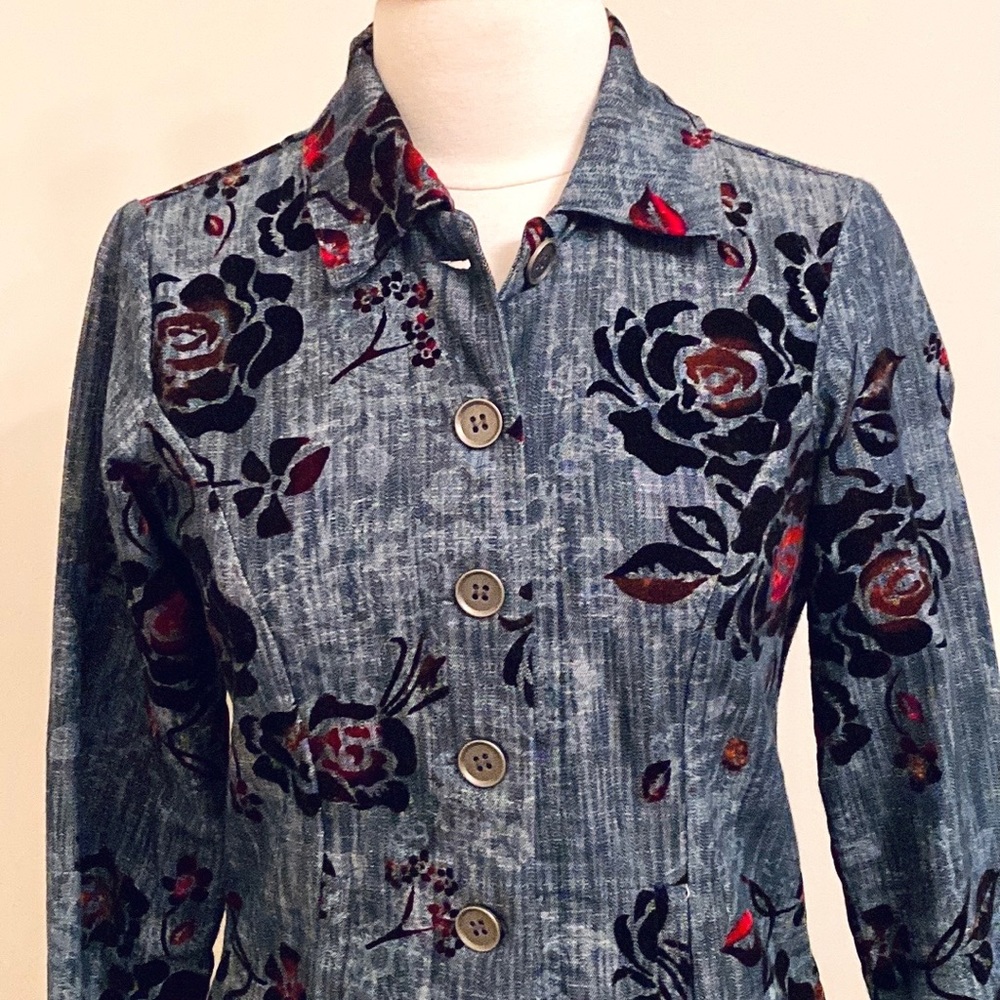 Additions by Chico Denim Velvet Floral SZ 4 Retro Vintage Boho Statement Jacket - Picture 2 of 12
